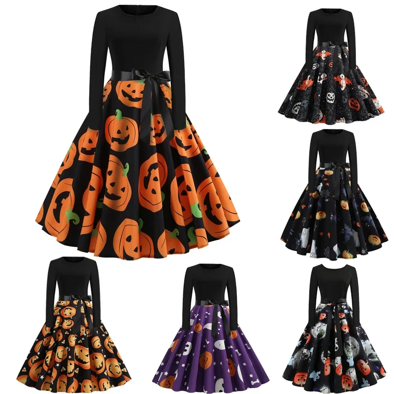 

Fancy Pumpkin Halloween Custome Womens Dress Long Sleeve Princess Dress Costume Festival Carnival Party Vintage 50s 60s Robe
