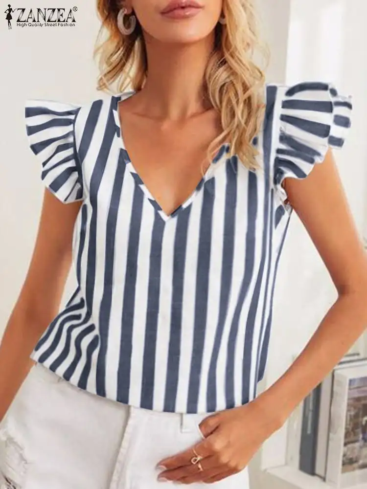 

Elegant V Neck Short Sleeve Ruffles Shirt 2023 ZANZEA Fashion Summer Striped Tops Women Holiday Blouse Casual Party Beach Blusas