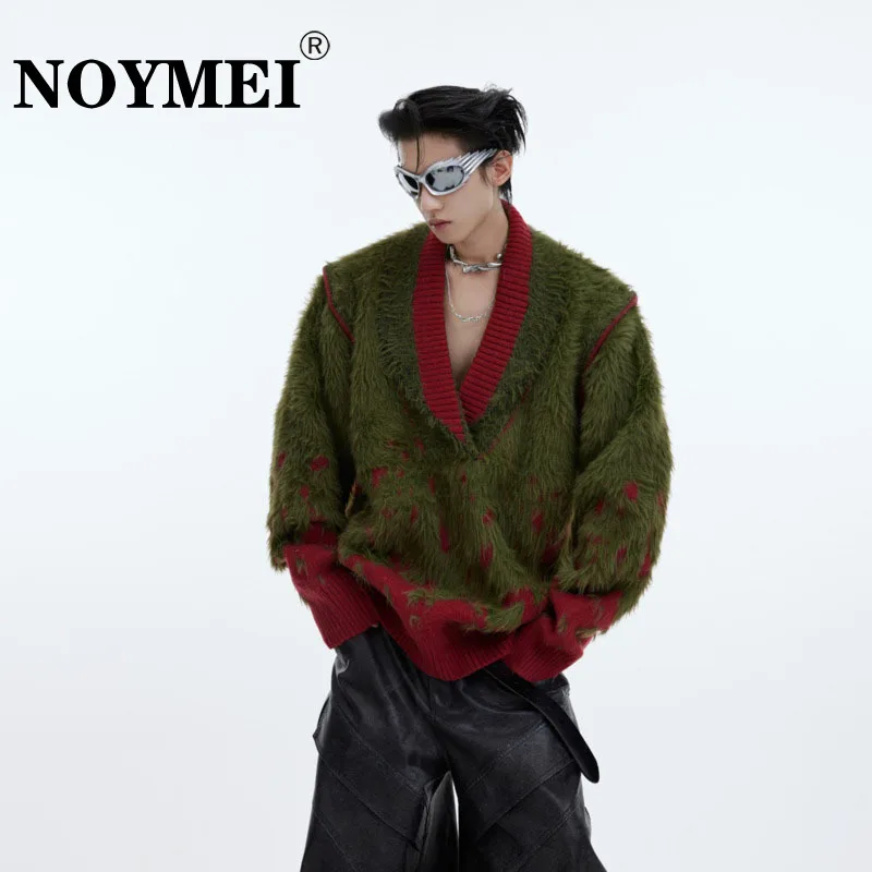 

NOYMEI Faux Fur V-neck Gradient Kintted Sweater Fashionable Men Trendy 2024 Winter All-match Christmas Color Patchwork WA3547