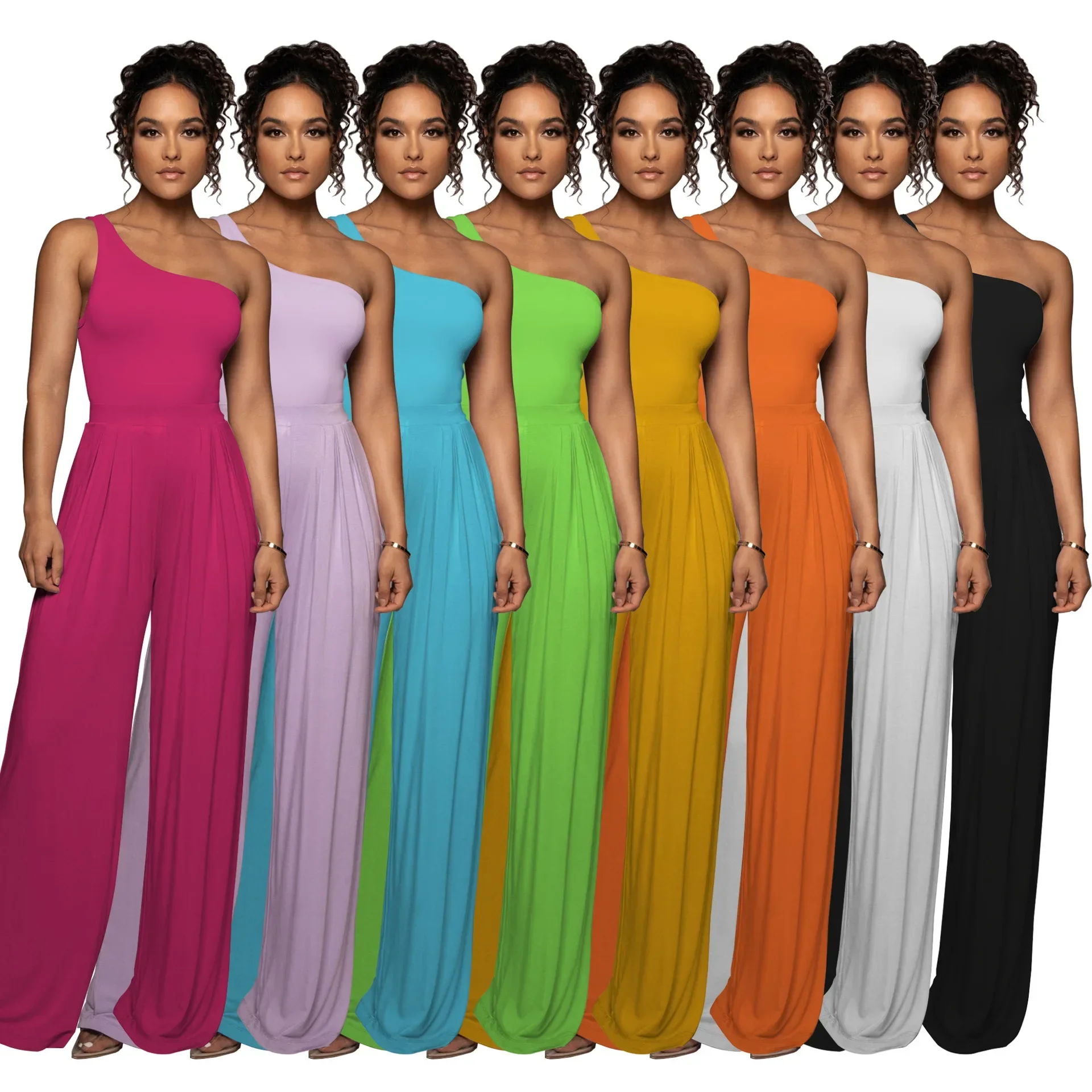 

2023 Woman Long Jumpsuits Elegant Overalls One Shoulder Sleeveless Wide Leg Pants Sets Casual One Pieces Elegant Rompers