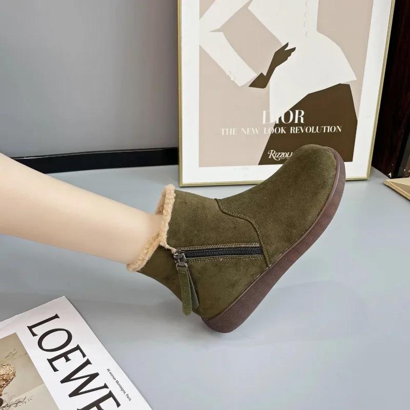 

2024 Women's Shoes on Sale Fashion Side Zipper Women's Boots Winter Round Toe Solid Fleece To Keep Warm Short Barrel Flat Boots