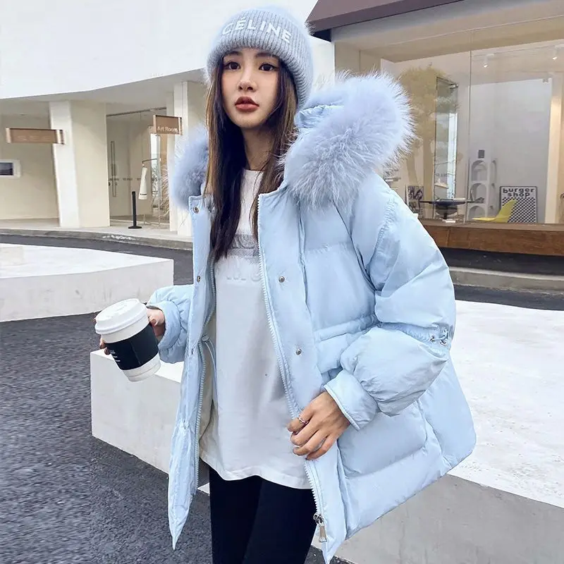 

Waterproof Short Down Coat Real Hair Collar Hooded Women White Duck Down Jacket Short Thick Warm Female Parkas Outwear Q32