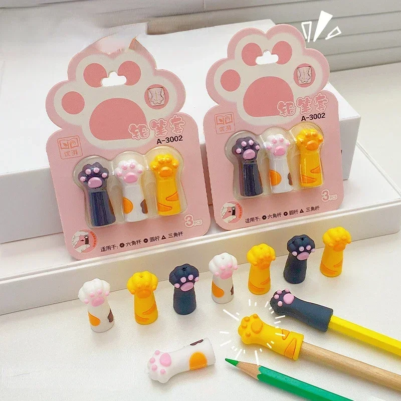 귀여운 고양이 발 펜슬 캡, 귀여운 연필 익스텐더, 실리콘 터치 펜 커버, 문구, 어린이 선물, 학교 사무용품, 3 개/세트
