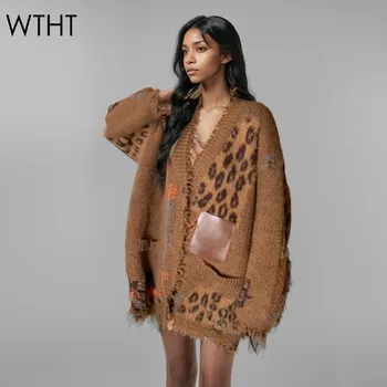 WTHT Cardigan lavorato a maglia allentato leopardato vintage impiombato da donna alla moda 2024 maglione lungo con scollo a V moda invernale femminile 1LS593 1