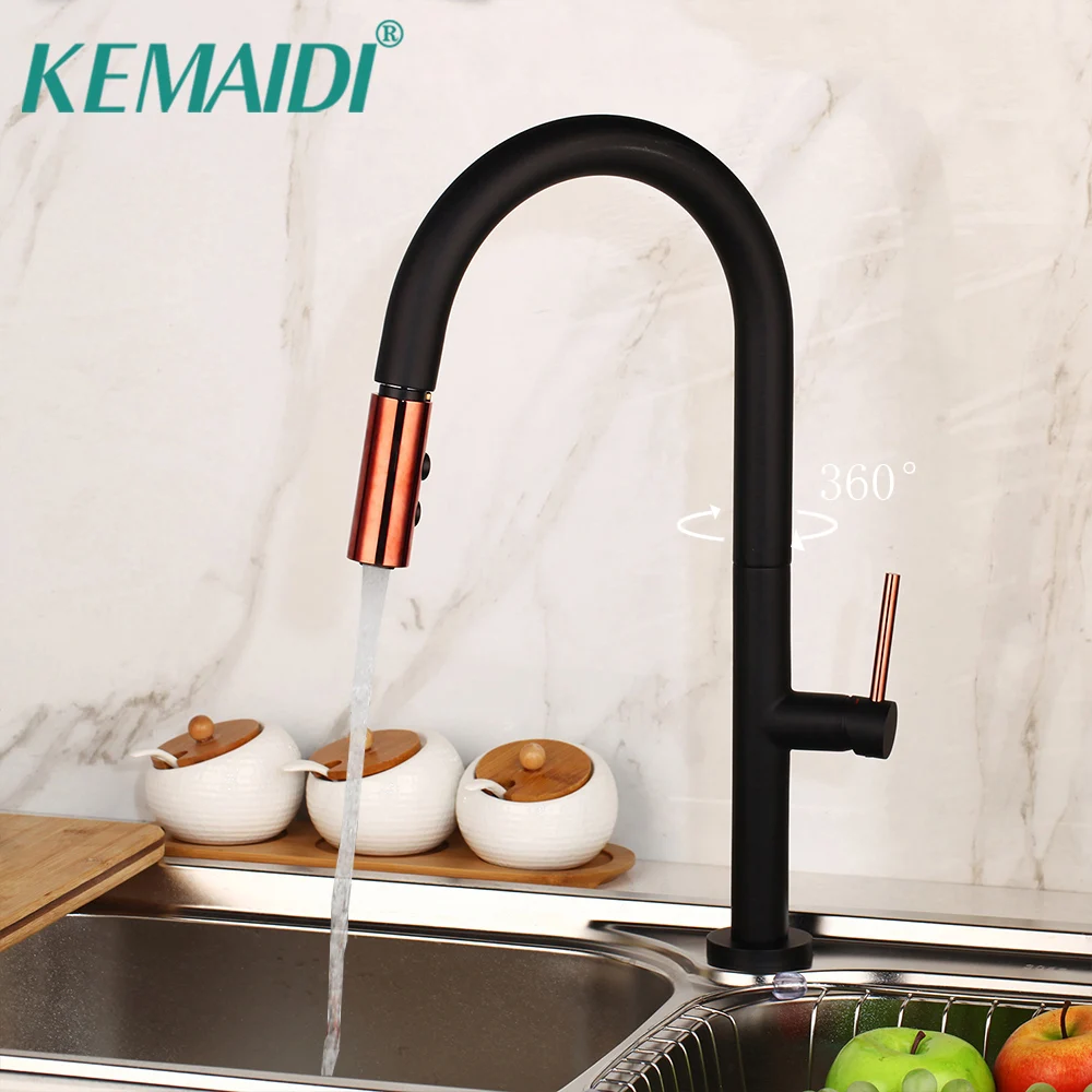 

KEMAIDI Black Kitchen Basin Sink Faucet 360 Swivel Pull Out Spray Solid Brass Hot Cold Water Mixer Taps 2 Ways Faucets