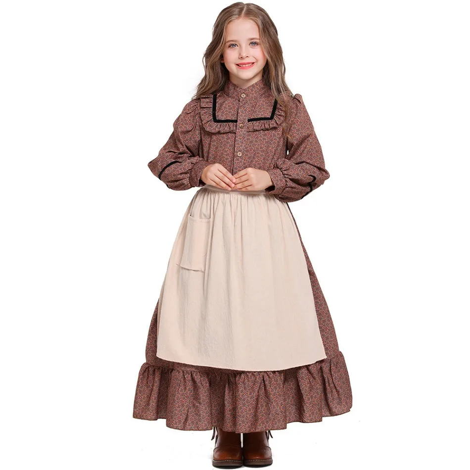 Girls Historical American Colonial Costume Tween Teens Brown Floral Victorian Medieval Dress Maid Long Dress With Apron PS66 - 2