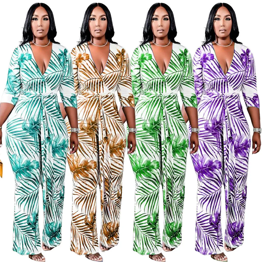 

Leaf Print Causal Rompers Womens Jumpsuit V-Neck Long Sleeve Sashes Bodysuit Sexy Long Playsuit