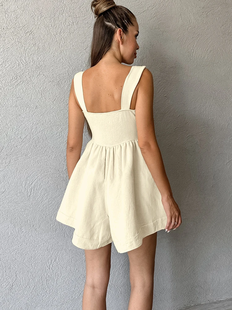 YAMIKO Khaki Cotton Linen Women Rompers With Shorts Button Tank Sleeveless Jumpsuits Office Ladies One Pieces Vacation 2024