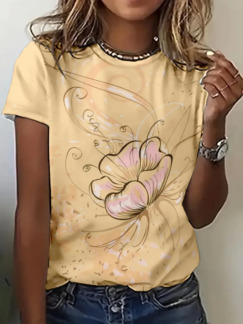

Retro Flowers Women T shirts Summer New 2024 Sweet Elegant Tops For Girls Casual Short Sleeve O-Neck Loose Street Woman T shirts