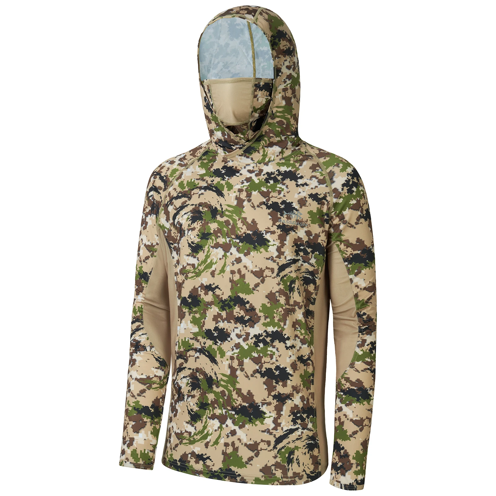 Bassdash Camo Fishing Hoodie for Men Sun Protection Face Mask UPF 50+ Hunting Long Sleeve Shirt tactical shirt