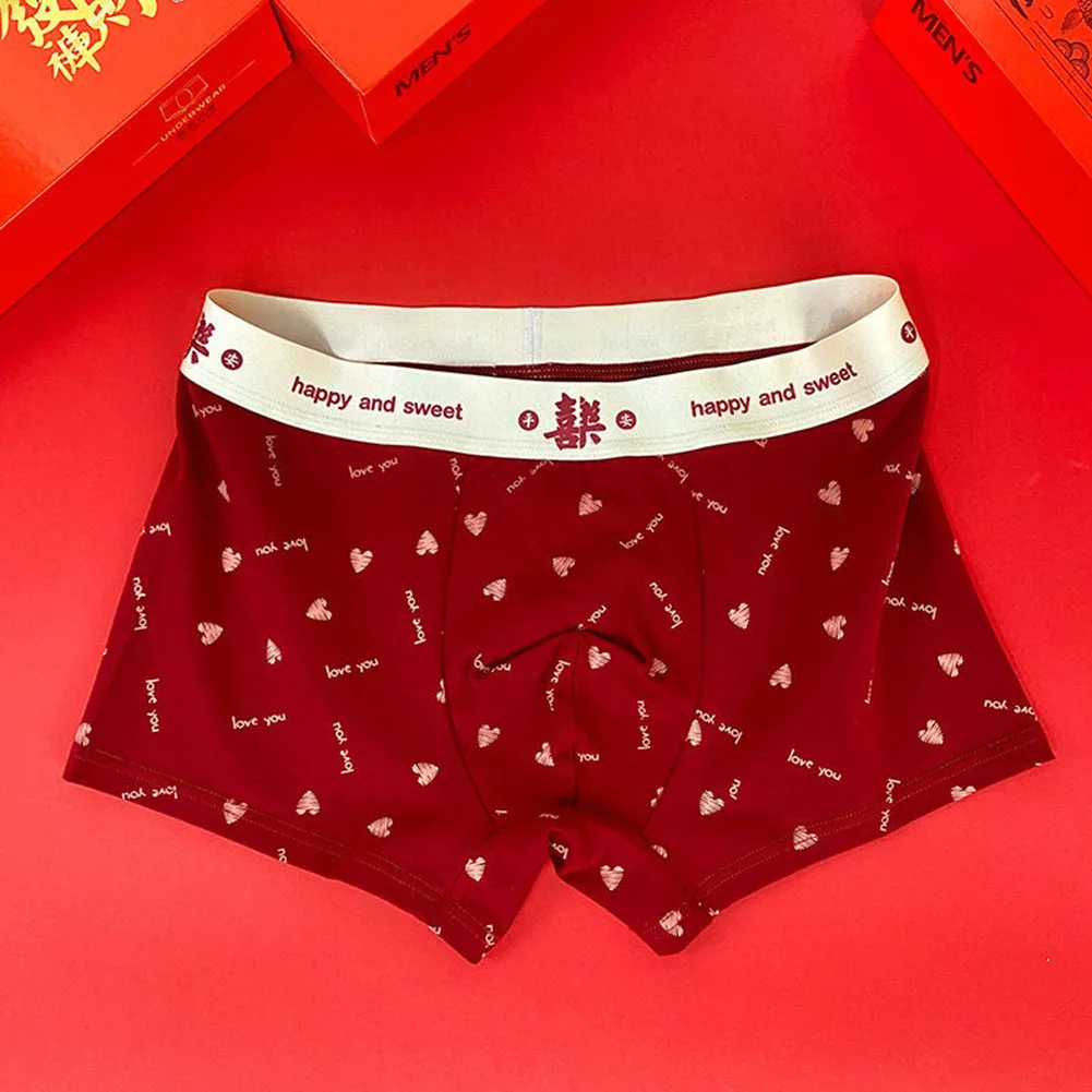 

Men Red Color Lucky Boxer Briefs Cotton Comfortable Soft Underpants Breathable Panties Wedding Shorts Sexy Pouch Underwear