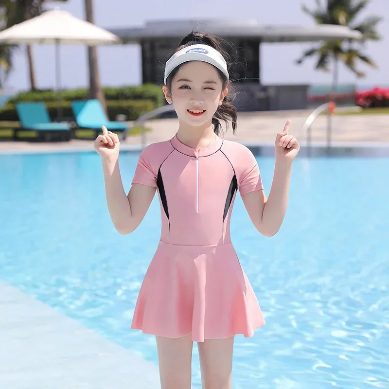 Summer Girls Swimsuit Short Sleeve One-piece Dress Kids