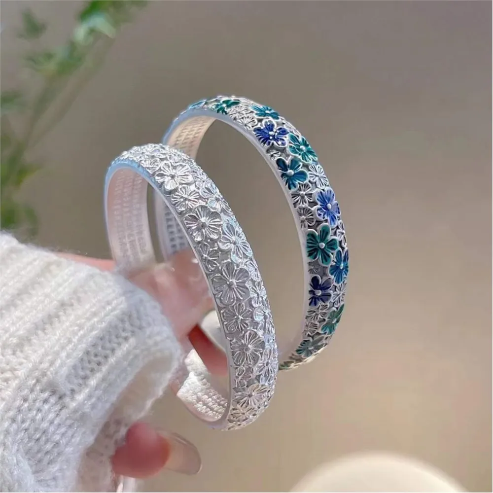 Silver Color Enamel Flower Heart Sutra Cuff Bangle for Women Vintage Flower Engraving Bangles Best Gifts for Girl Jewelry Gifts