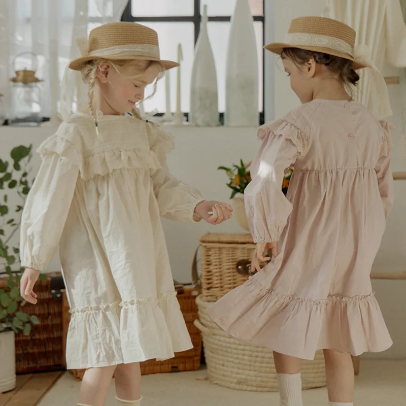 

2024 Spring Kids Girls Dress Solid Color Lace French Long Cotton Princess Long Sleeve Child Girls Dress Little Girl Dress