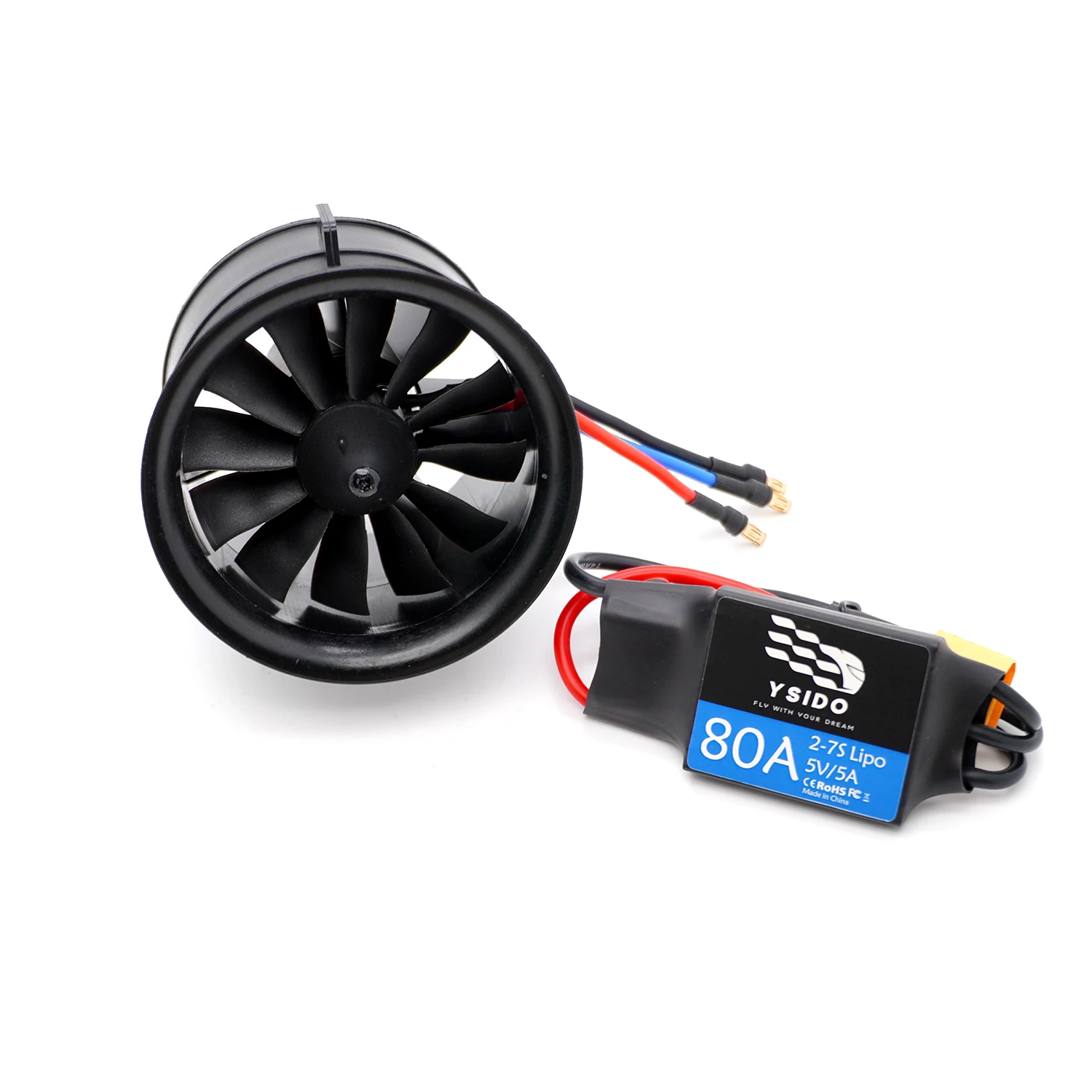 Détail des pales du moteur Brushless 64mm 3950KV violet pour avion RC, avec le logo visible.