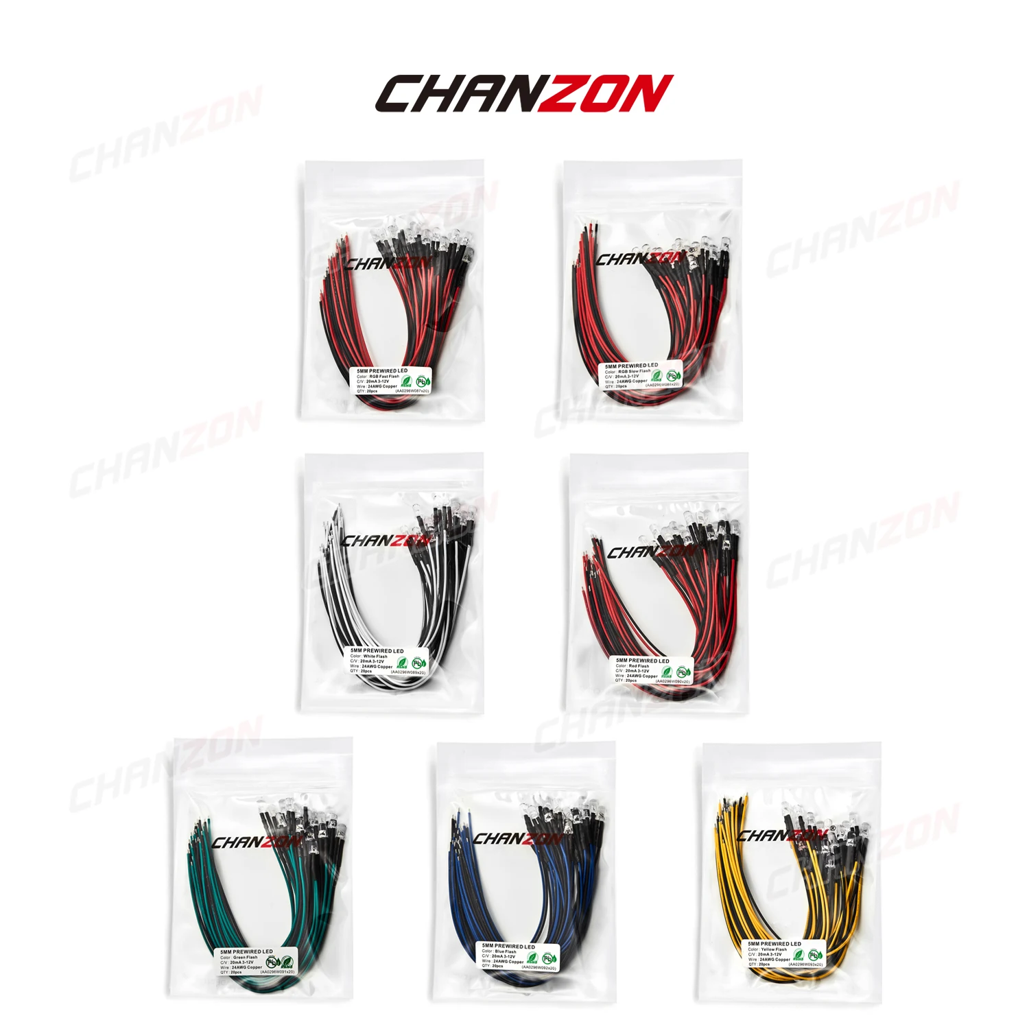 20Pcs 5mm LED 다이오드 12V 흰색 빨간색 녹색 파란색 노란색 RGB 빠른 느린 플래시 깜박임 미리 배선 된 5 9 12 V 발광 표시 등