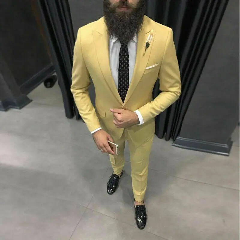 

Men Yellow Suit 2022 Peak Lapel One Button Groom Tuxedo Slim Fit Casual Party Suits Custom Made 2 Pieces Blazer Costume Homme