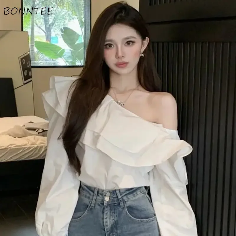 

4 Colors Blouses Women Ruffles Temper Sweet Off Shoulder Fashion French Style Chic Students Casual Spring Tops Clothes Elegant