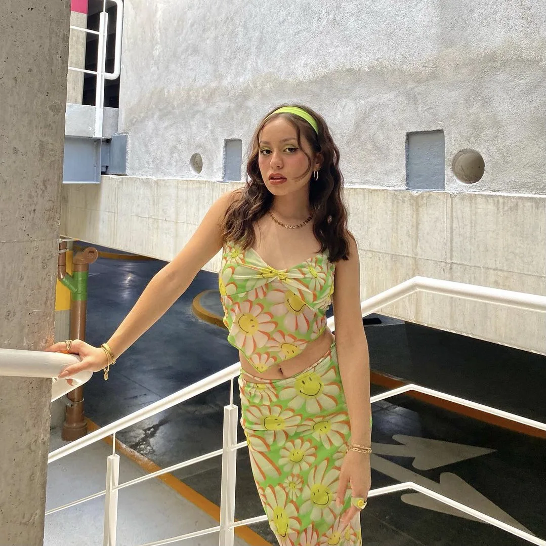 

Fresh Green Printed Strap Half Skirt Two Piece Set For Women