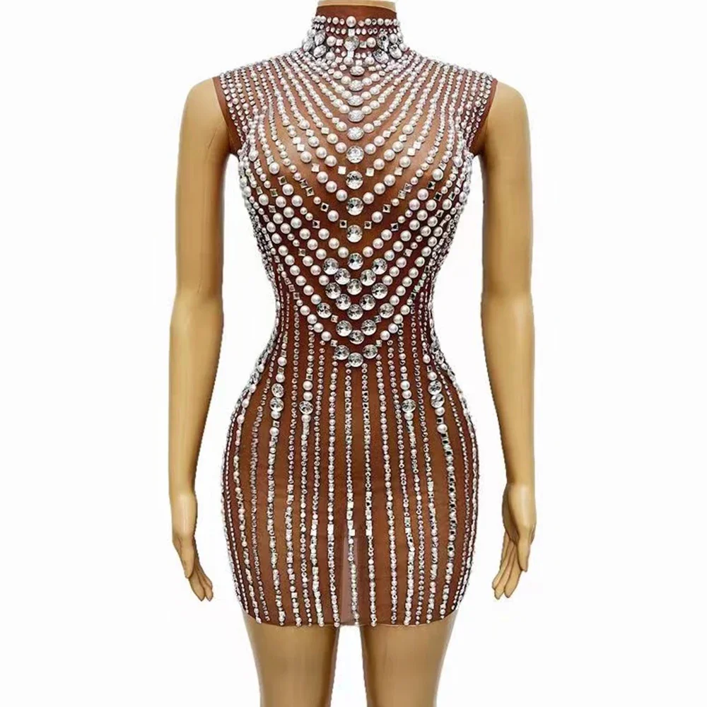 

Sexy Dance Brown Dress Performance Sparkly Silver Rhinestones Pearls Sleeveless Dress Evening Birthday Celebrate Party Outfit