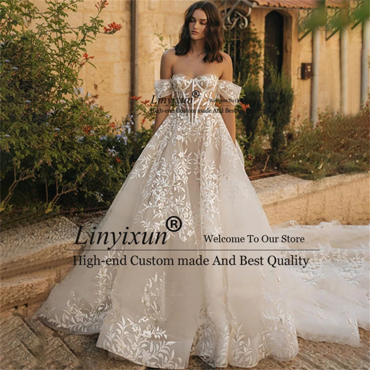 

Sexy Sweetheart A Line Wedding Dress For Women Elegant Lace Appliques Bridal Gown Backless Off Shoulder Tulle Vestidos de novia