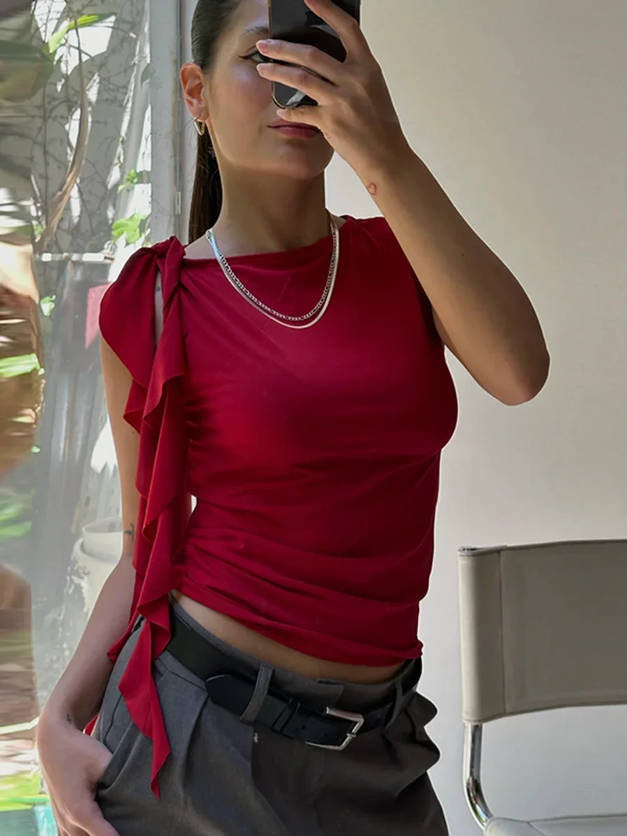 Spring New Women's Ruffle Edge Pleated O Neck Vest Elegant Summer Slim Y2k Sleeveless Fringed Fashion Solid Color Short Top