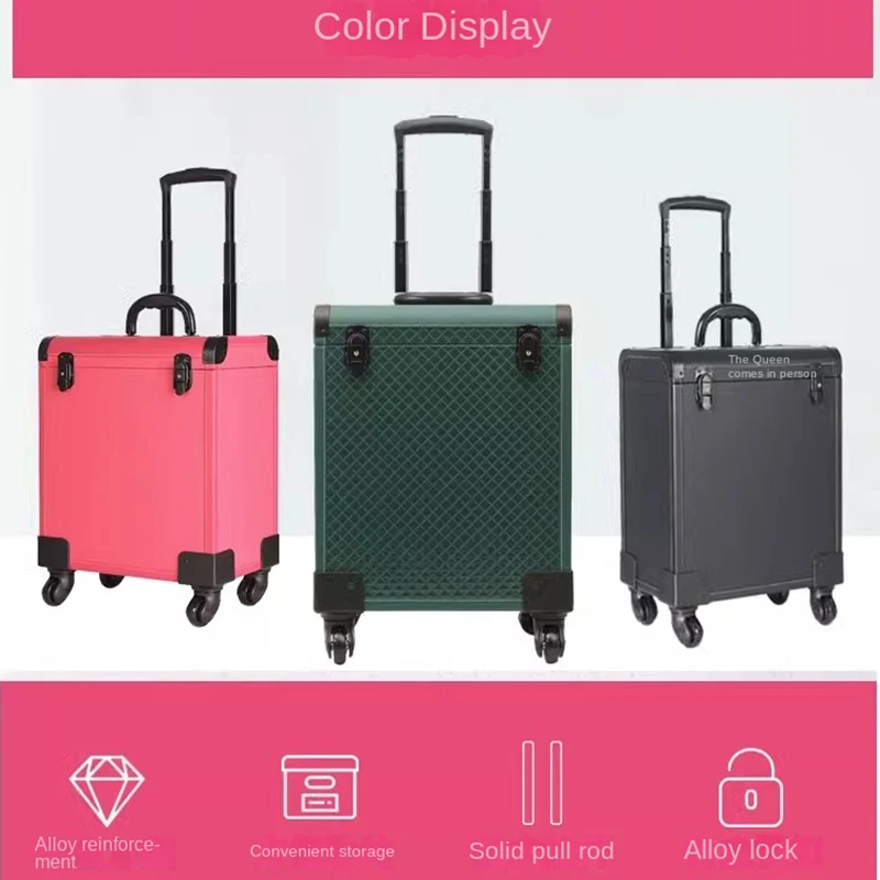 Professional Beauty Nail Art Pink Makeup Case Multi-Function Toolbox Leather Roller Trolley Case Can Store Aluminum Alloy