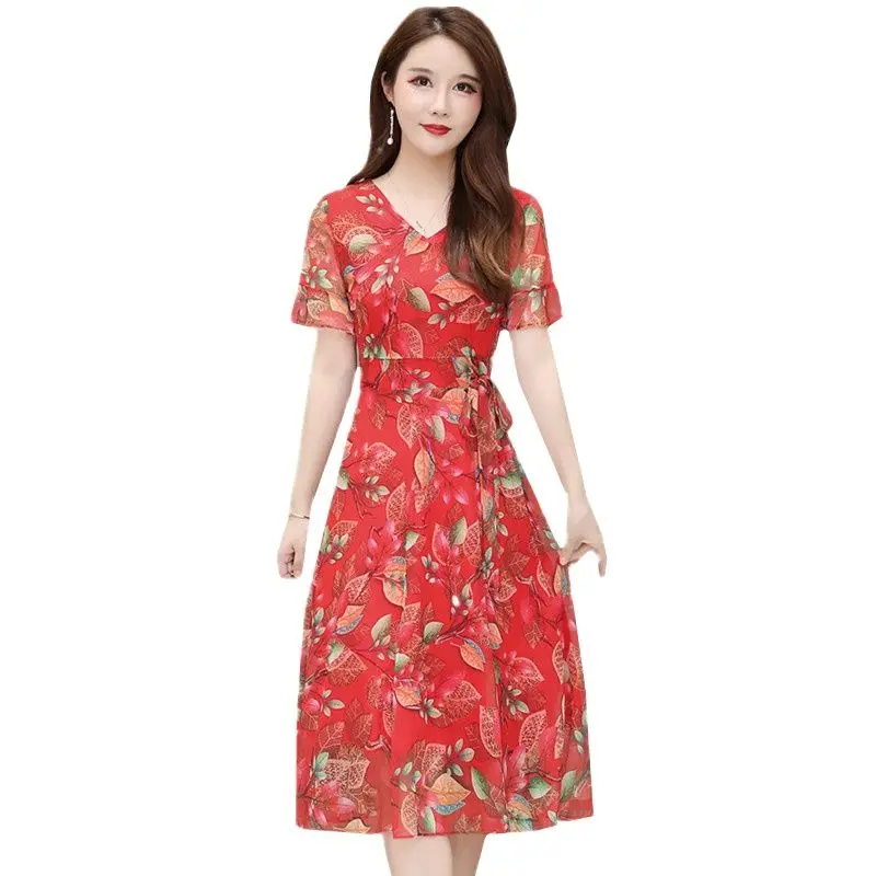 

UHYTGF Loose Size Dresses Women Floral Chiffon Dress Fashion Summer Dress Female Vestido Trumpet sleeve Vintage Flower Dress 739