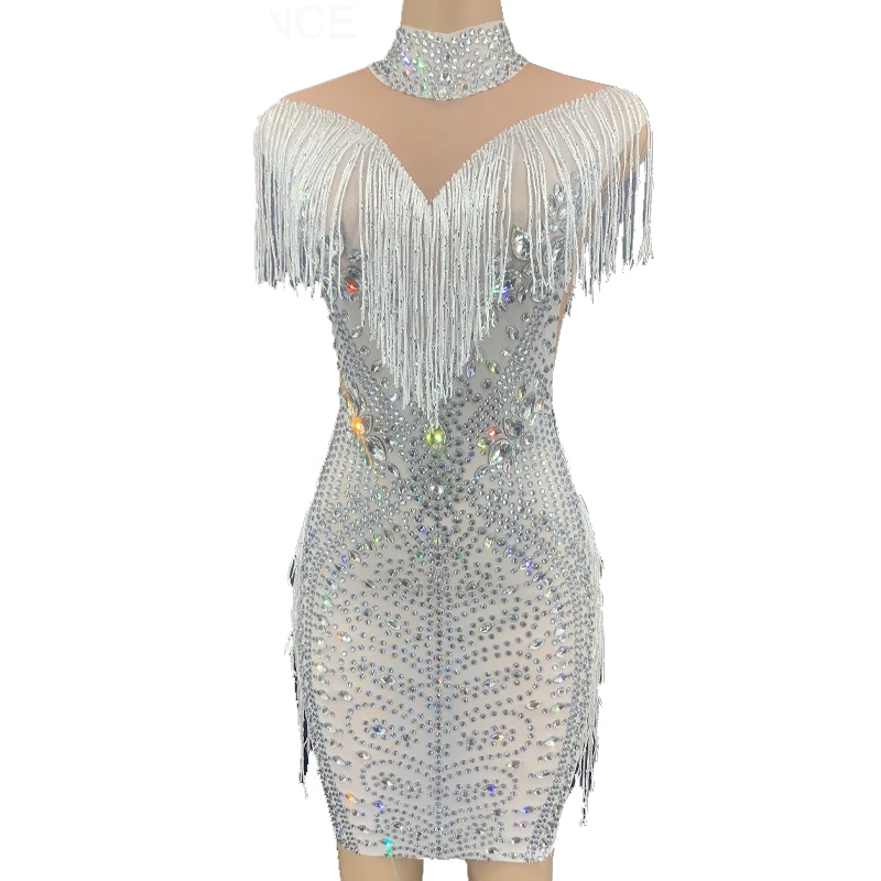 

Rhinestone Women Silver White Fringe Short Dress Birthday Transparent Mesh Outfit