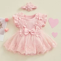 Summer Baby Girl 2pcs Lace Rompers Outfits Mesh Lace Ruffle Bodysuits Dress + Hairband Toddler Fashion Jumpsuits Clothes 2