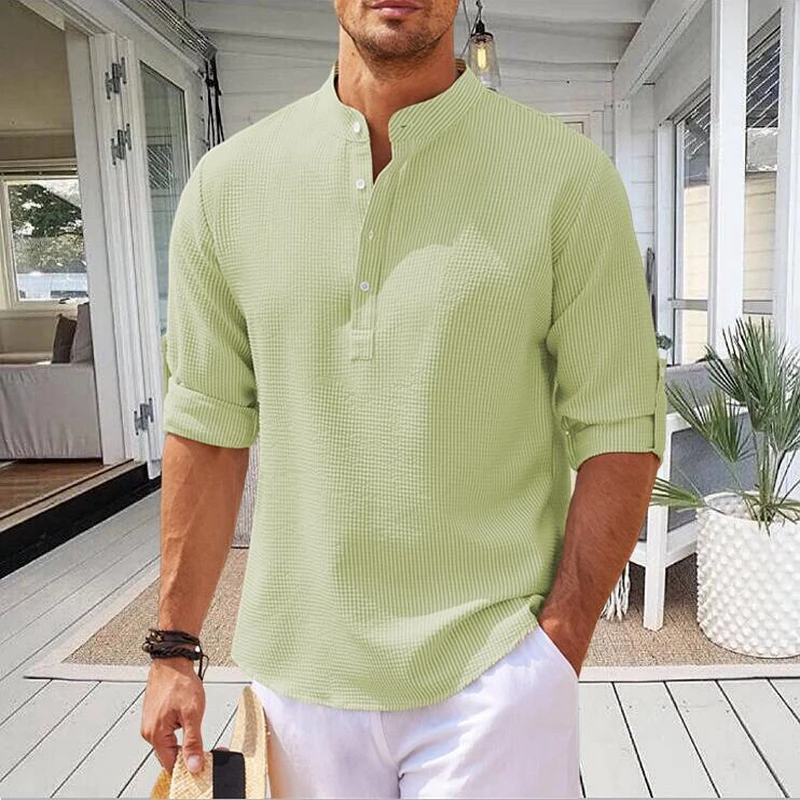 

Casual Cotton Linen Shirts Men Long-Sleeved Shirt Autumn Hot Sale Solid Color Stand-Up Collar Fashion Handsome Men's Shirts 5XL