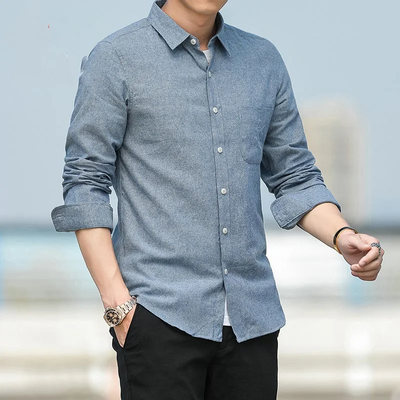Spring Autumn Solid Color Fashion POLO Collar Shirt Man High Street Casual Long Sleeve Button Cardigan Pure Cotton All-match Top