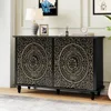 Decorative Sideboard Buffet Cabinet with 4 Doors, Black Accent Storage Cabinet with Carved Flower Pattern, Wood Credenz 1