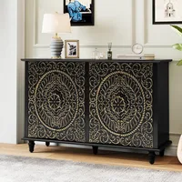 Decorative Sideboard Buffet Cabinet with 4 Doors, Black Accent Storage Cabinet with Carved Flower Pattern, Wood Credenz 1
