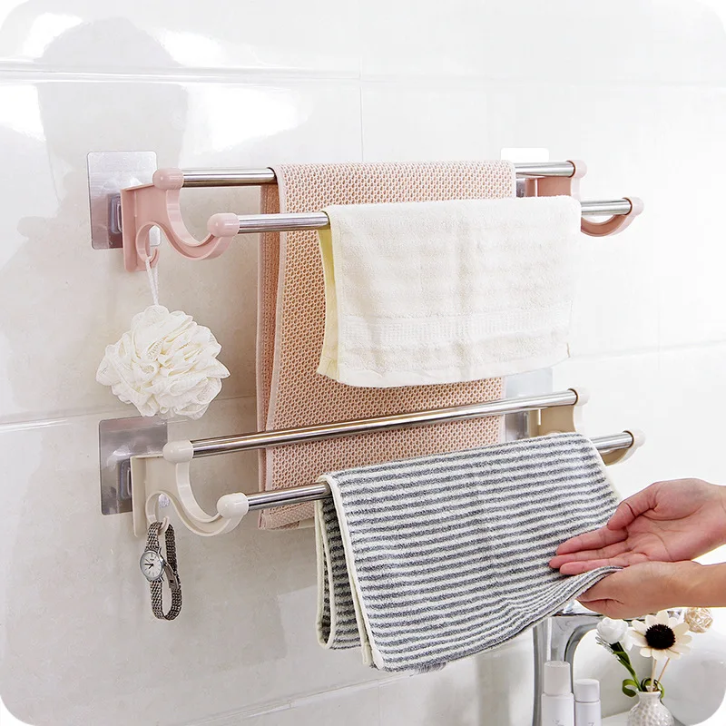 1PC Stainless Steel Double Rod Towel Bar Wall Mounted Traceless Towel Rack Bathroom Space Saving Punch-Free Storage Shelf