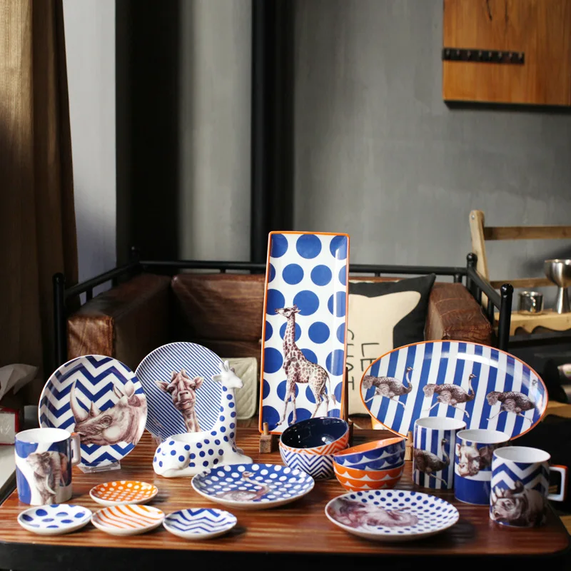 Animal Ceramic Cutlery Set, American Country Tableware, Long Sushi Plate, Giraffe Design Dinnerware Set, Milk Mug and Rice Bowl