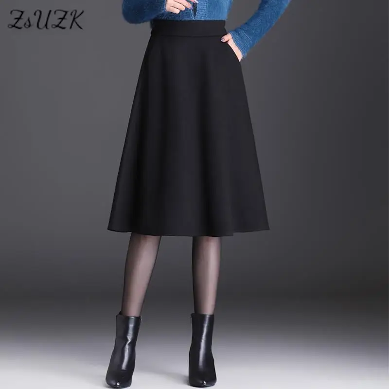 

ZUZK Vintage Woolen Skirt For Women Autum Winter Elastic High Waist Fashion Skirt Elegant Big Swing Mid-long Skirts