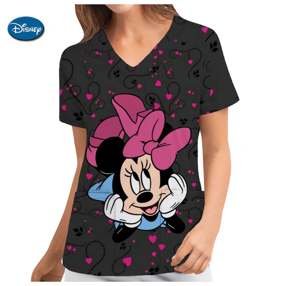 

Disney Uniform Women's Cartoon Mickey Mouse 3D Print Nurse Work Shirt Pocket Gown Christmas Healthcare Nurse Scrubs