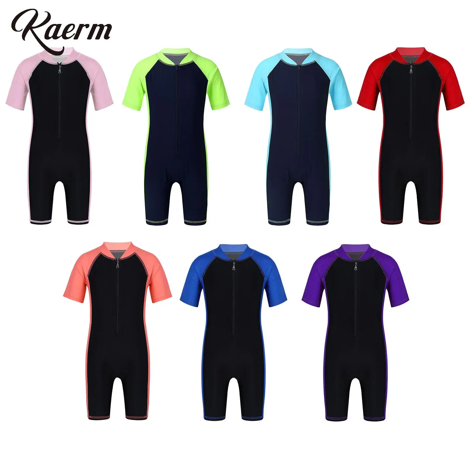 

Kids Boys Girls Solid One Piece Shorty Swimsuit Short Sleeve Zip Up Rash Guard Bodysuit Beach Bathing Suit Athletic Swimwear