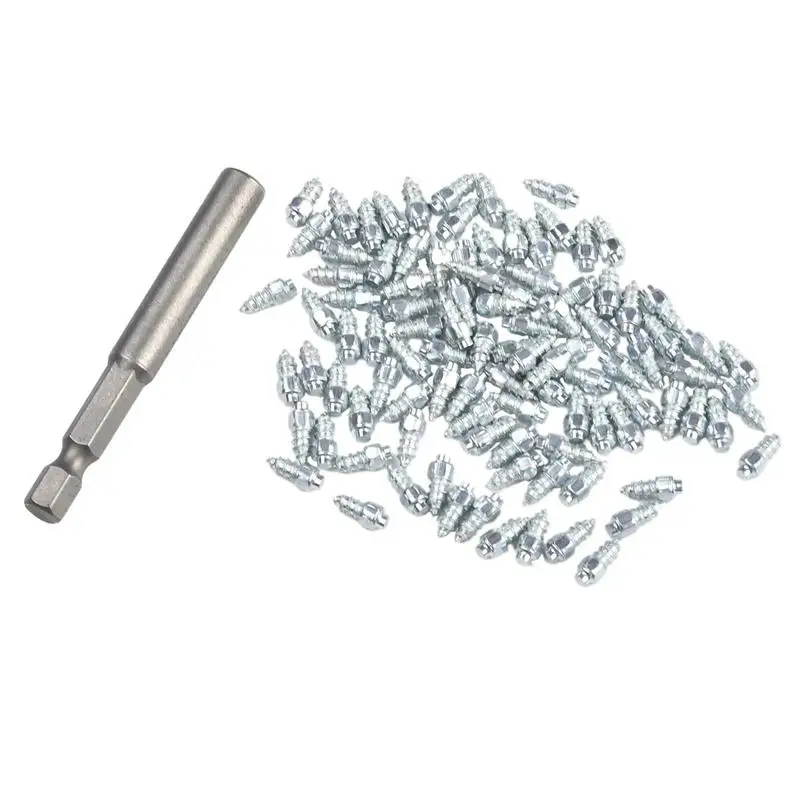 100pcs Car Tire Spikes Snowmobile Stud Tire Cleats Studs Snow Spikes Tungsten Steel Anti-Ice Studs With Installation Tool