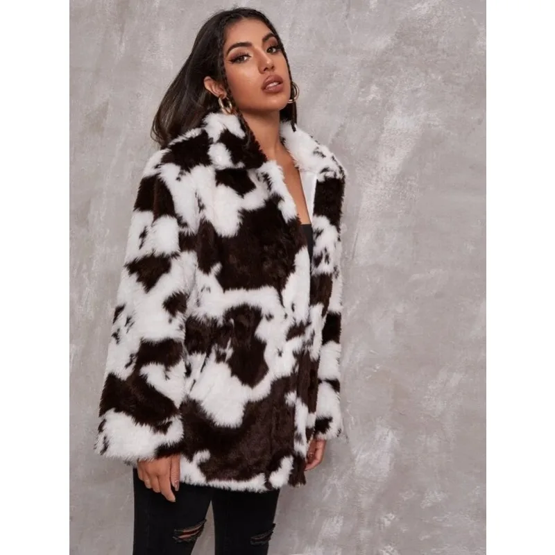 Imitation Fur Jacket for Women's Autumn and Winter Cow Pattern Black and White Women's Jacket Loose Rabbit Fur Jacket