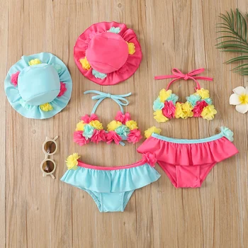 FOCUSNORM 0-24M Summer Cute Baby Girls Bikini Sets 3pcs Flowers Strap Sleeveless Vest+Shorts Sun Hat Swimsuits 1