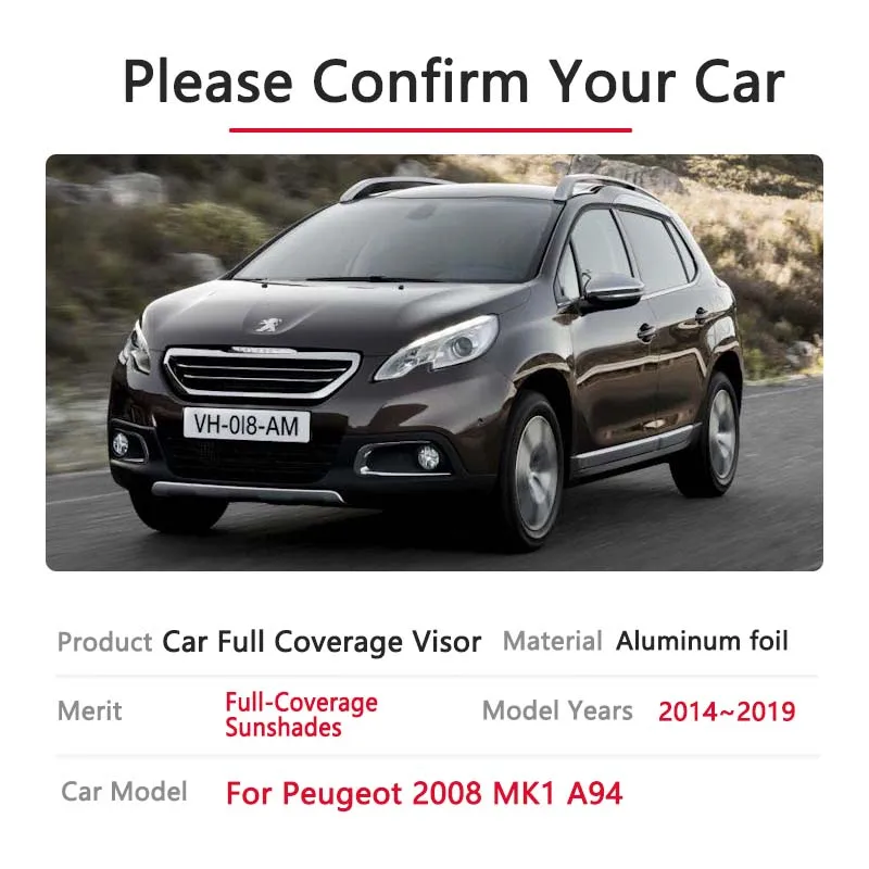 Accessories A94 Car Full Coverage Parasol Anti UV Sunshades Window Interiors Peugeot 2008 MK1 2014 2015