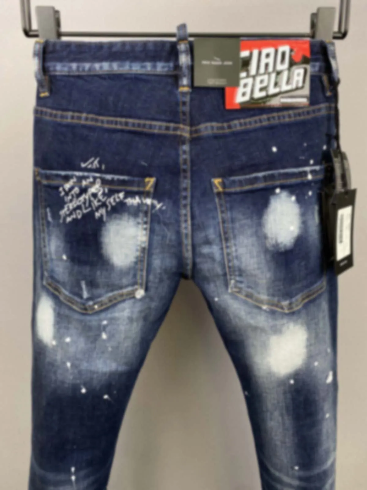2024 Spring/Summer New D2 Jeans Fashion Men's Washed and Worn Hole Patch Paint Speckled Ink Slim Fit Small Feet Blue