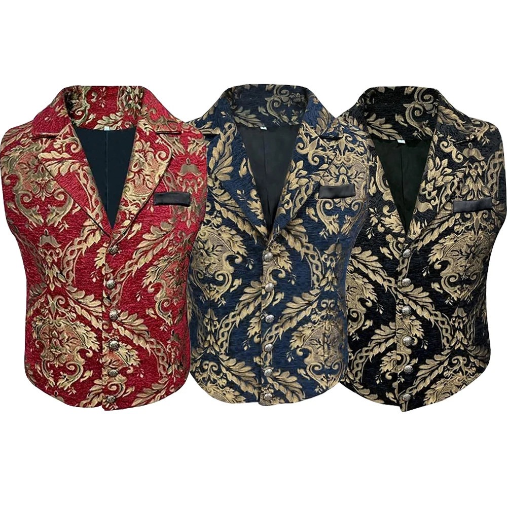 Men'S Luxury Brocade Paisley Floral Tudor Elizabeth Vest Pirate Military Red Blue Black Brocade Jerkin Vest Costume Punk