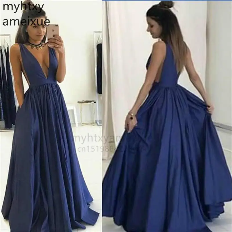 

Long Sexy Simple Royal Blue Evening Dresses Sleeveless Prom Dress V-neck Pocket Gowns Custom Made Robe De Soiree 2023
