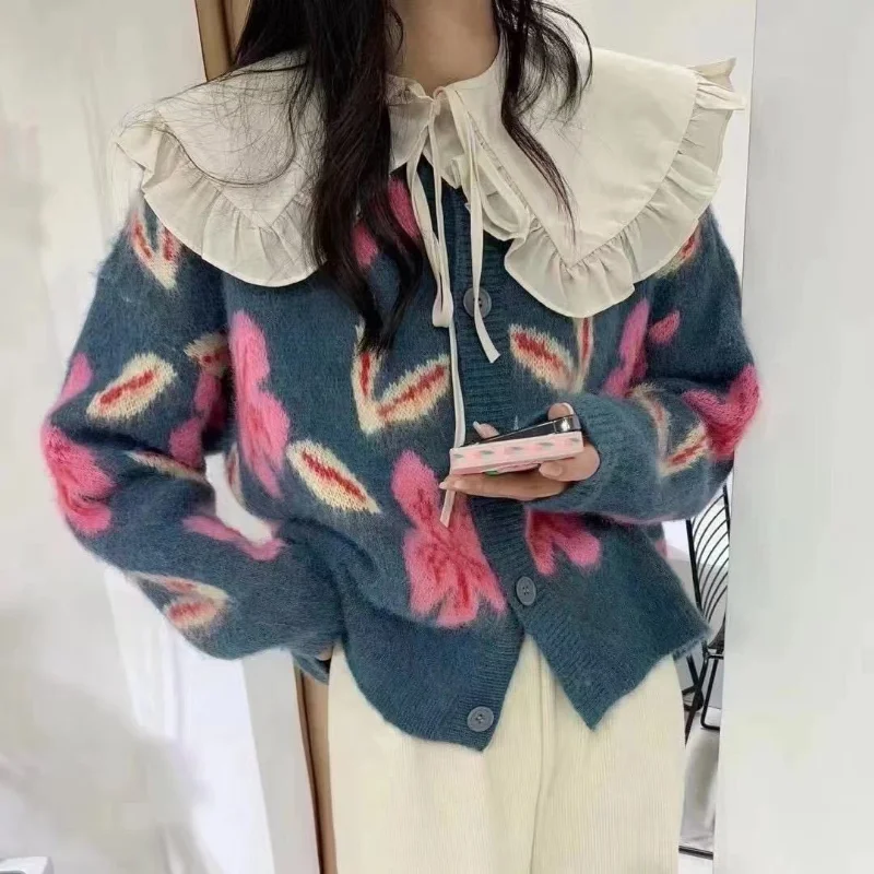 

Cardigan sweater 2023 slouchy mohair o neck detachable fashion flower sweater female autumn and winter button knitted cardigan