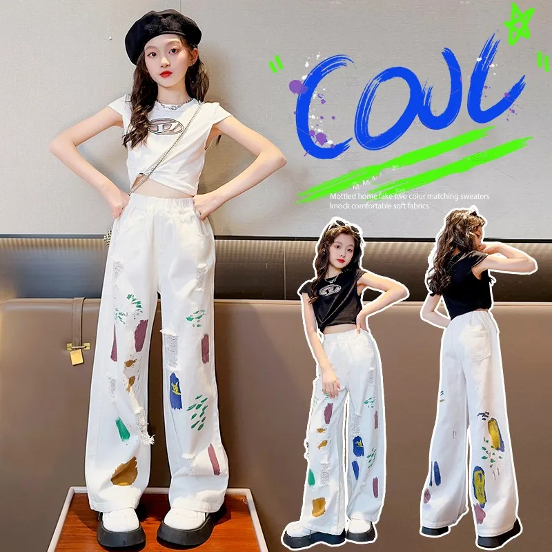 

Daily Children's Sets Baby Girls Clothing Outfits Summer T-shirts Tops + White Pants Graffiti Holes Trousers 2 piece Set Chic 9y