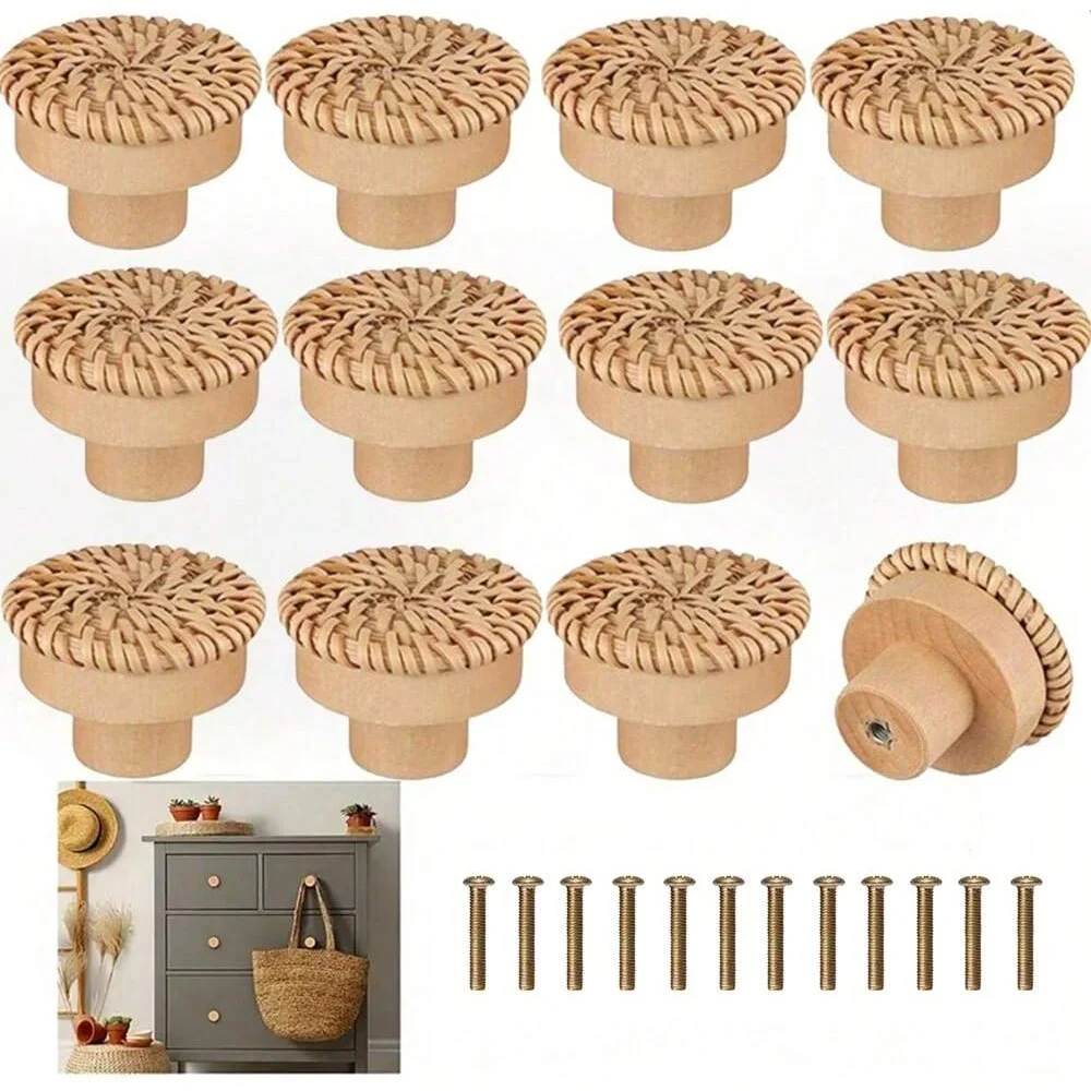 12pcs Bohemian หวาย Dresser Knobs, รอบไม้ลิ้นชัก Handmade หวายสานและสกรูสําหรับเฟอร์นิเจอร์,ตู้,DR 1