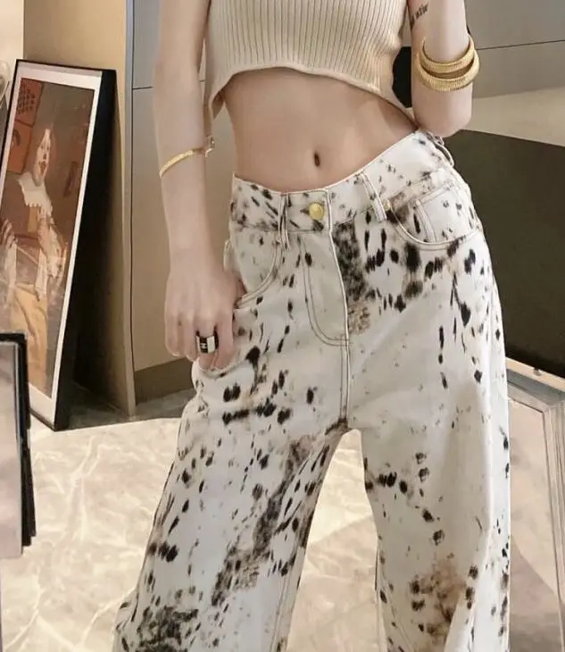 American High Street Baggy Wide Leg Jeans Women Leopard Print High Waist Straight Pants 2024 Spring Summer Retro Denim Trouser